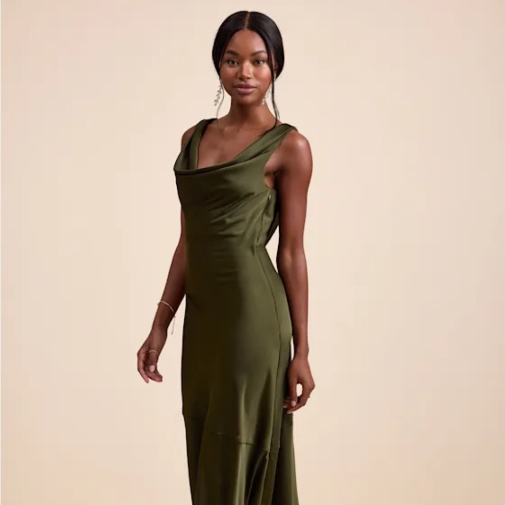 NWT Aernah Olive Satin Cowl Tie-Back Slip Maxi Dress sz S